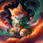 Colorful mystical fox surrounded by flames and cosmic patterns with apples and glowing leaves.