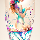 Stylized artistic representation of a woman in glass-like capsule with flowers, swirls, and bubbles