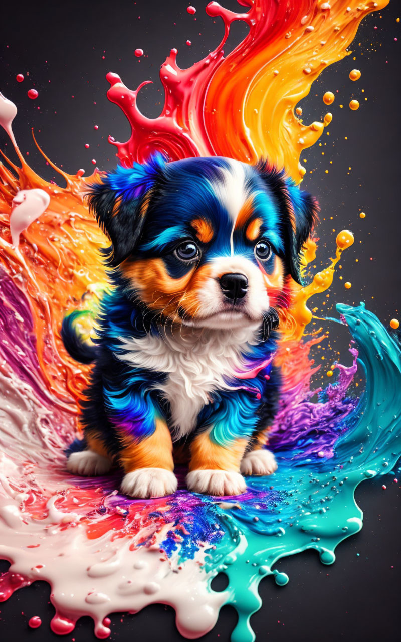 Colorful Artistic Image: Puppy in Rainbow Paint Splash