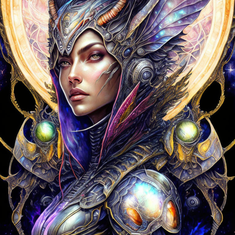 Fantasy Artwork: Woman in Ornate Helmet and Armor with Glowing Gems