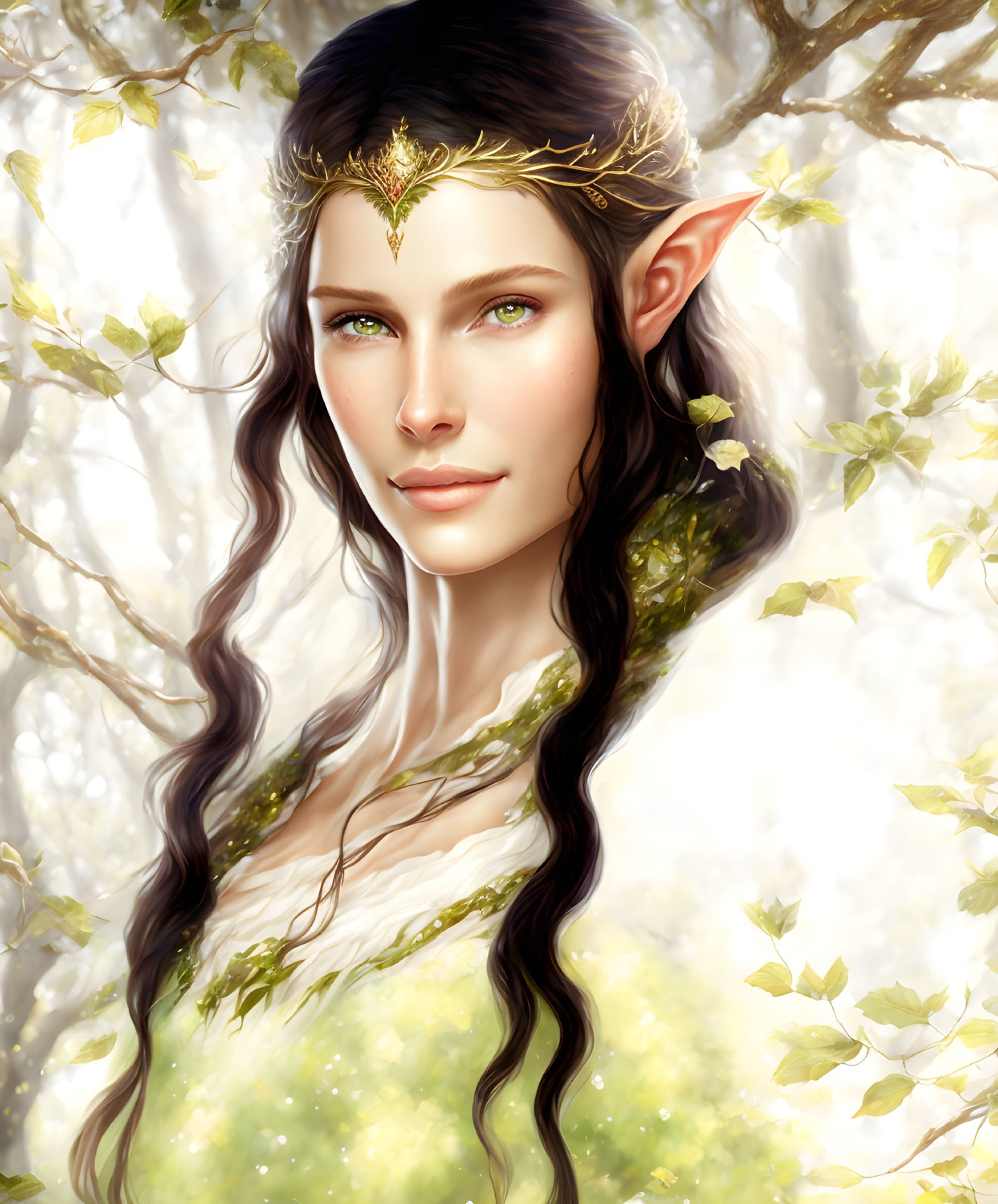 Elf Woman Portrait with Pointed Ears and Green Eyes in Sunlit Forest