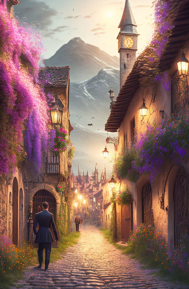 Quaint cobblestone street with clock tower and mountains at dusk