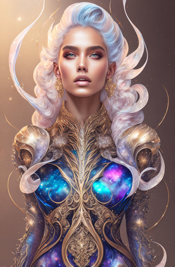 Fantastical woman in blue hair and cosmic armor with gold designs on starry backdrop