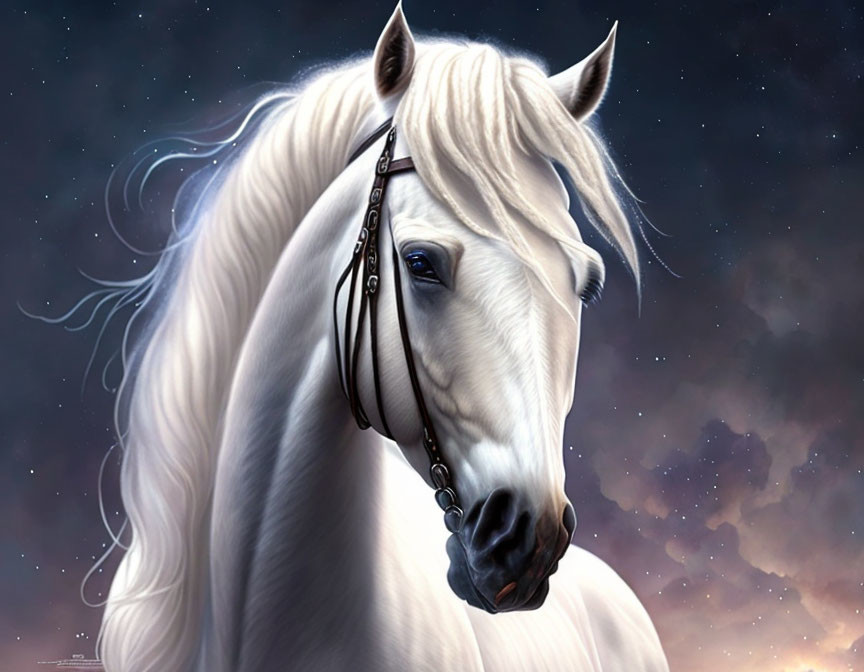 White horse with flowing mane under starry night sky