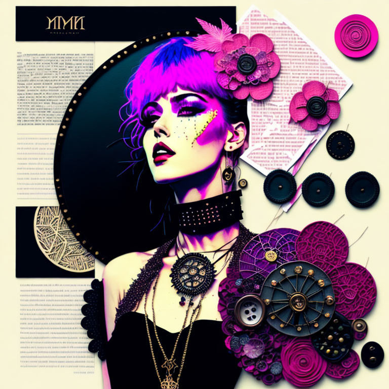 Portrait of woman with pink hair, dramatic makeup, black choker, surrounded by floral collage.