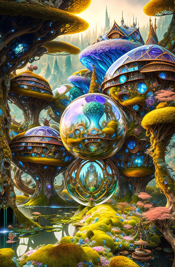 Fantastical landscape with mushroom-like structures and iridescent bubbles