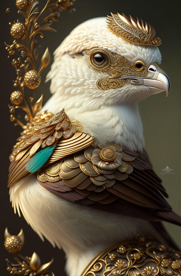 Detailed digital artwork: Bird with ornate golden jewelry and intricate patterns