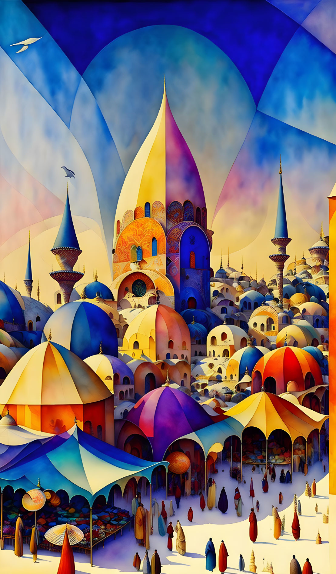 Colorful whimsical cityscape with vibrant domes and spires under patchwork sky