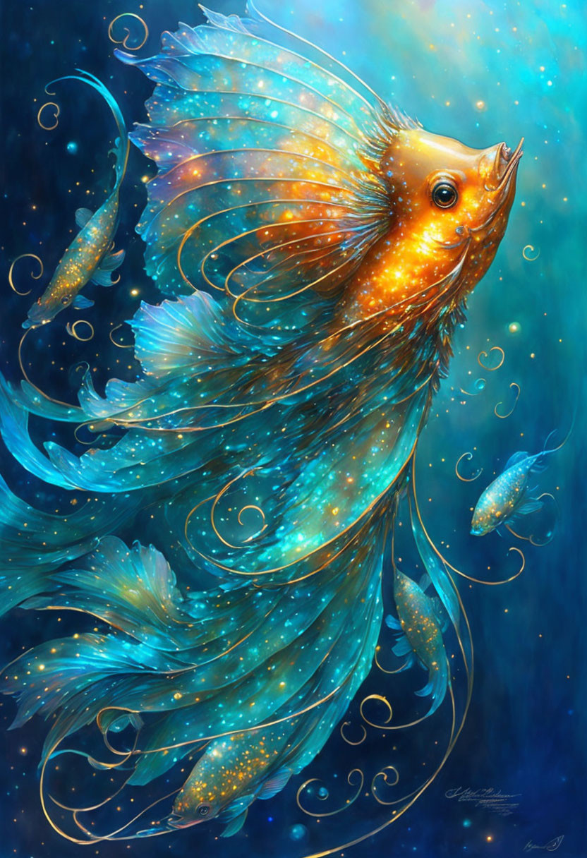 Vivid orange fantastical fish in blue starry underwater scene