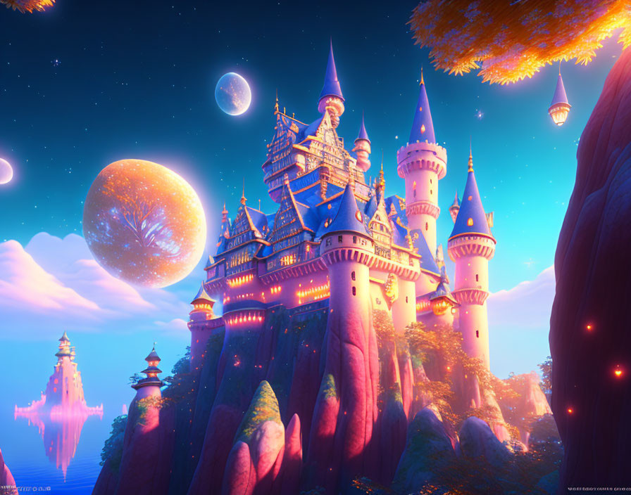 Fantastical castle with spires on cliff under starry sky with two moons at magical sunset