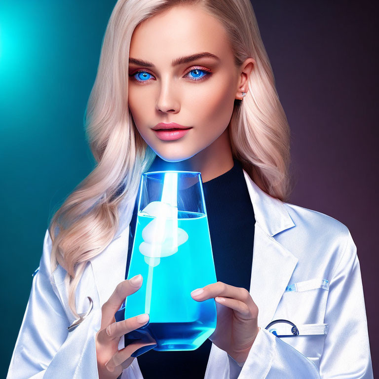 Blonde woman in lab coat holding blue liquid in flask