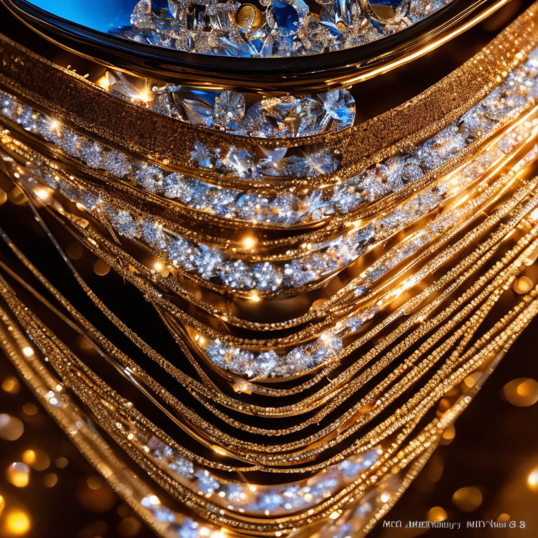 Luxurious chandelier with multiple tiers of crystal lights and golden accents