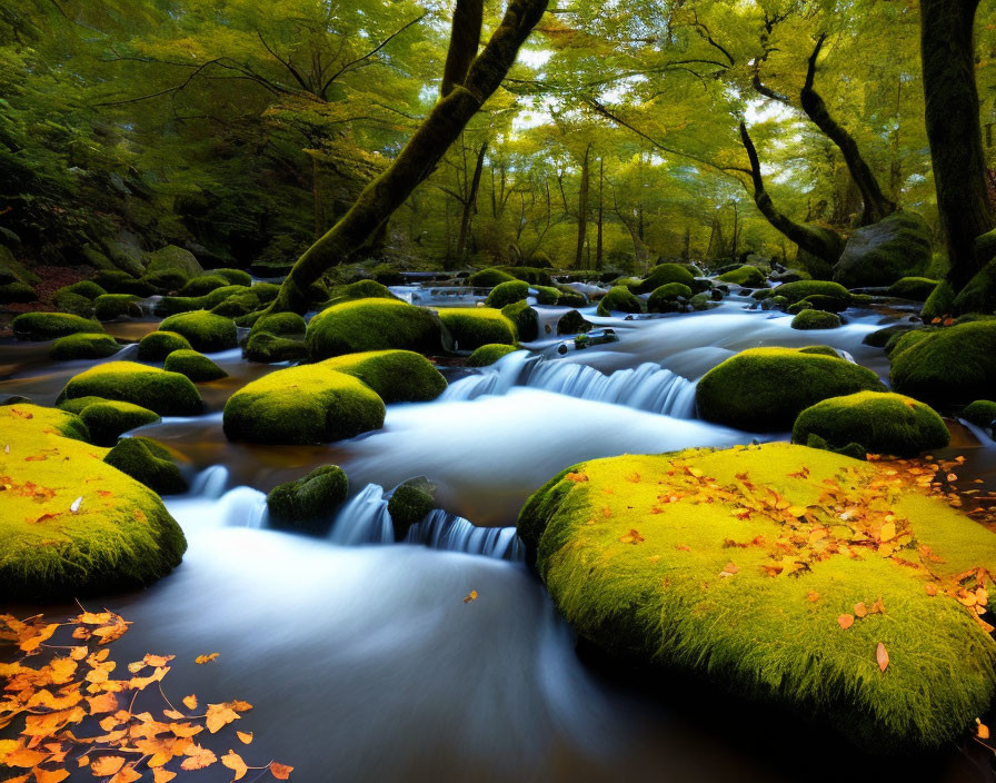 Tranquil river in mossy forest with green trees and autumn leaves