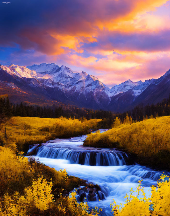 Vibrant autumn waterfall with snow-capped mountains