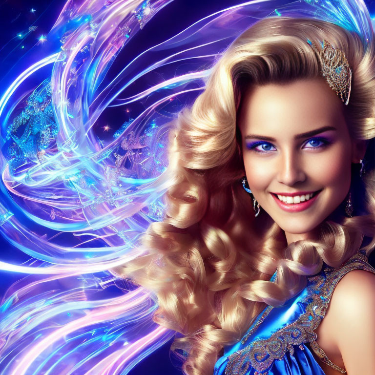 Blonde woman in blue dress with cosmic backdrop