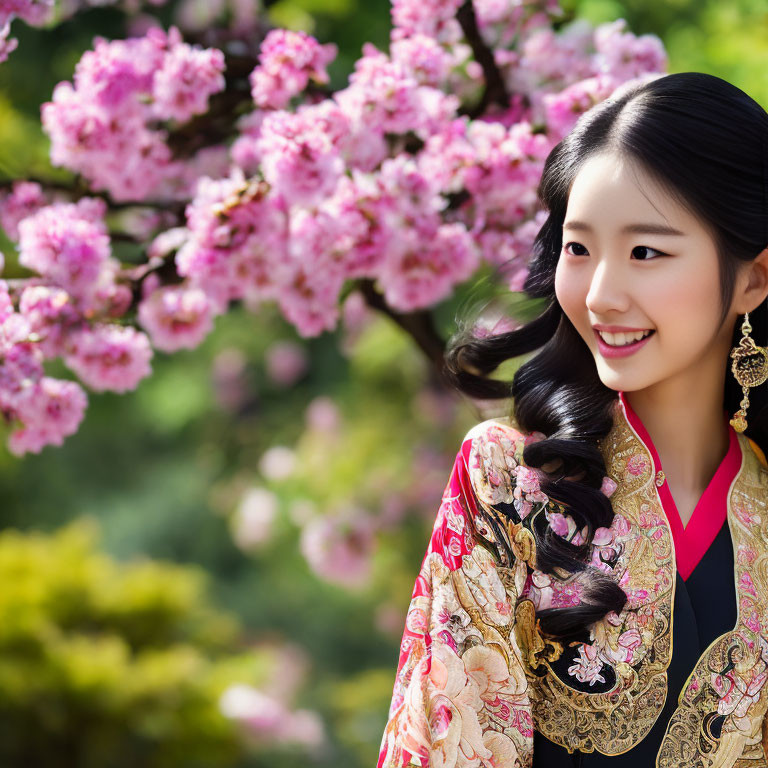 Smiling woman in traditional embroidered outfit under pink cherry blossoms