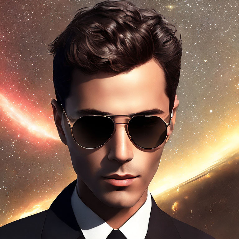 Digital portrait: man in suit with sunglasses on cosmic background