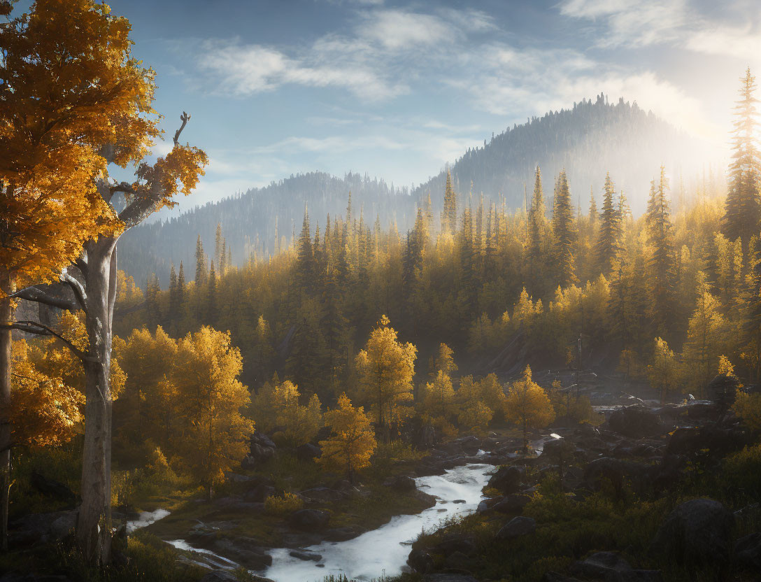 Golden foliage forest with stream and sunbeams in misty autumn scenery