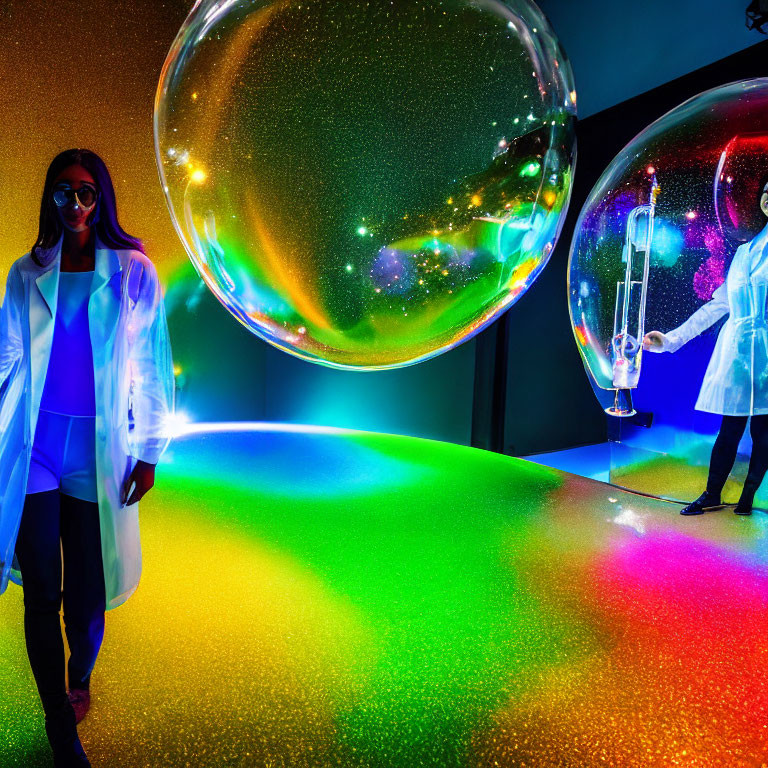 Person surrounded by colorful lights and floating bubbles in whimsical space