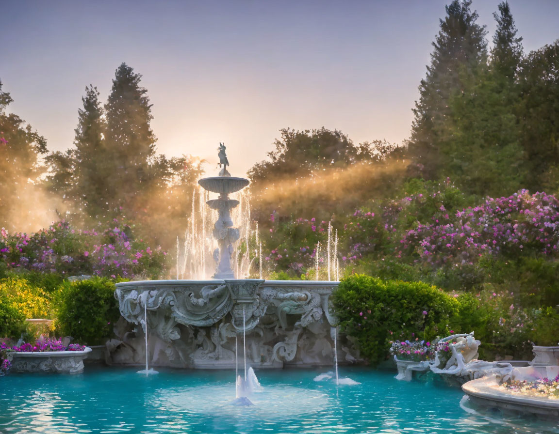 Ornate Fountain with Statues in Misty Garden at Dusk