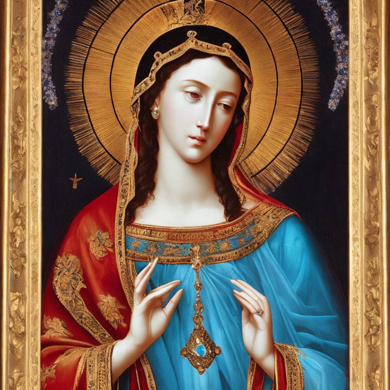 Iconographic Painting of Virgin Mary in Red and Blue Robes with Halo