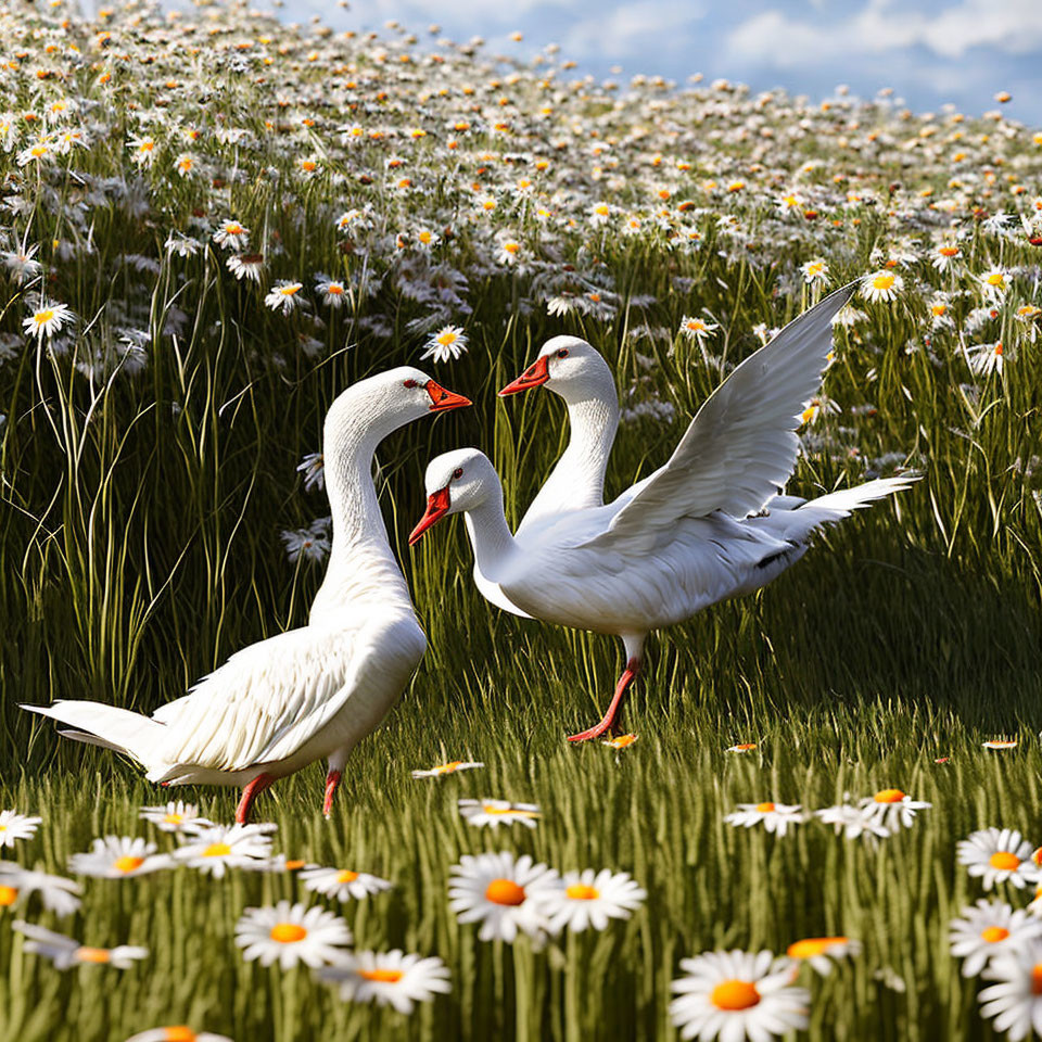 Two white geese with orange beaks in a daisy field under a blue sky.