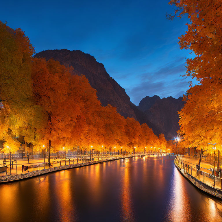 Tranquil river at twilight with autumn trees and mountain backdrop