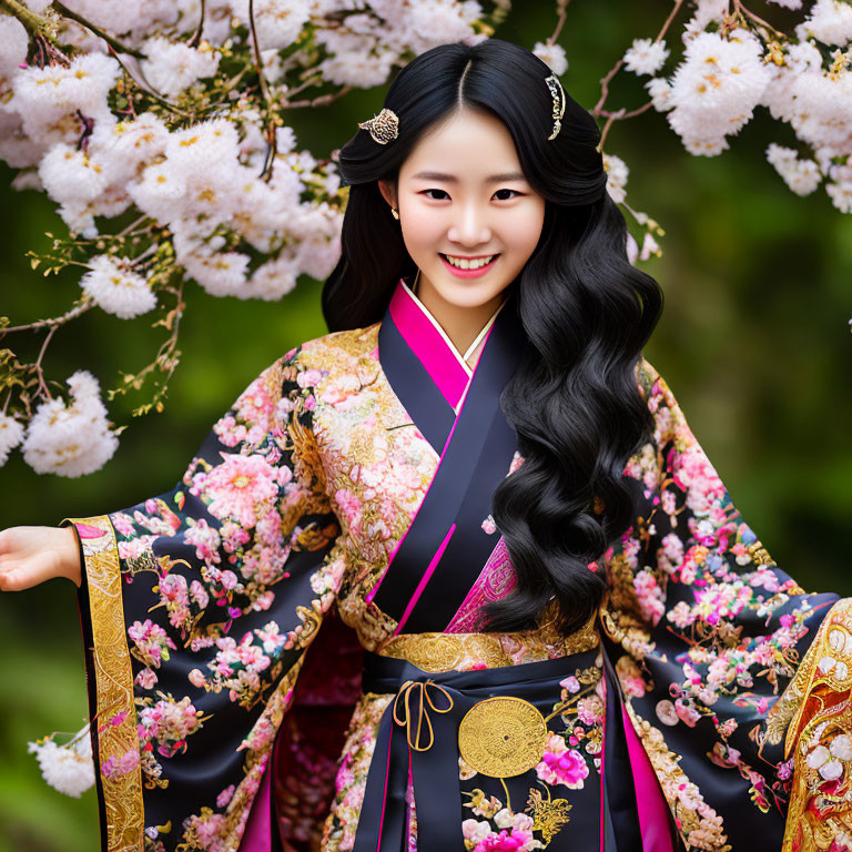 Traditional Korean hanbok with ornate gold patterns and cherry blossoms scene.