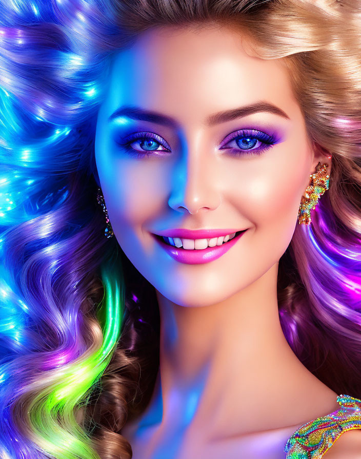 Colorful portrait of woman with rainbow hair and purple makeup