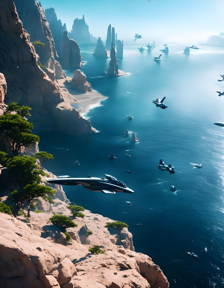 Futuristic ships over serene sea and towering rock formations