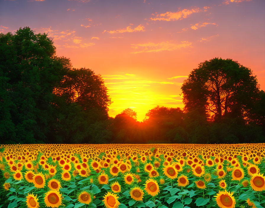 Vibrant sunset over blooming sunflowers and green trees