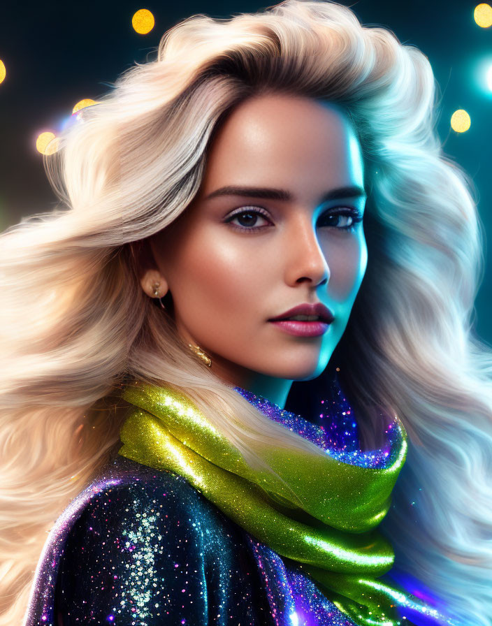 Blonde woman portrait with glittery makeup and sparkling scarf