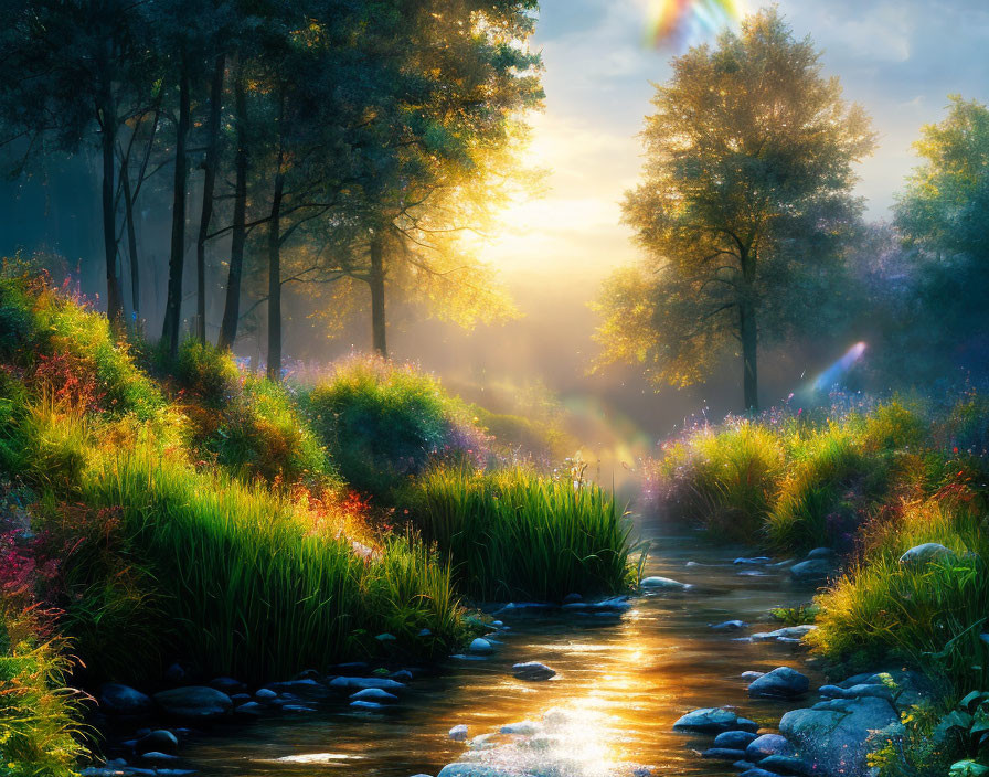 Tranquil stream surrounded by lush trees and misty sunlight