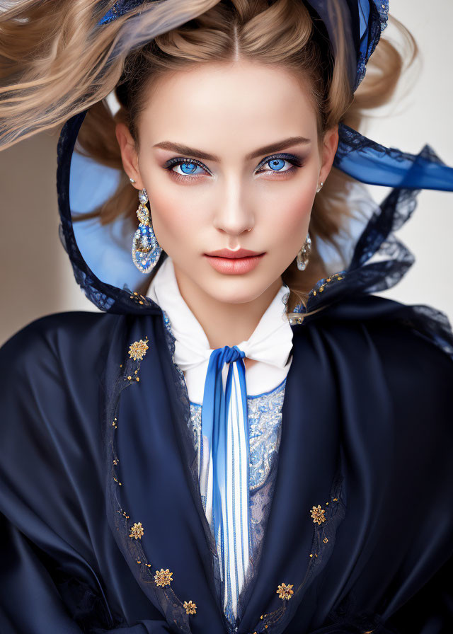 Woman in Blue and White Outfit with Striking Blue Eyes and Gold Details