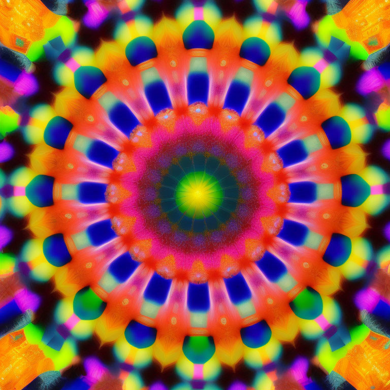 Colorful Mandala Pattern with Kaleidoscope Effect in Orange, Blue, Green, and Purple