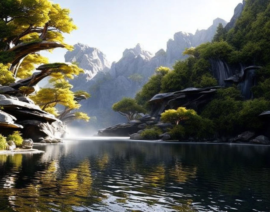 Tranquil lake with rocky cliffs, waterfalls, mist, and lush trees