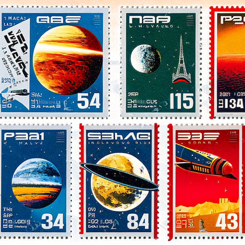 Six Colorful Postage Stamps: Planets, Spacecraft, Eiffel Tower, Art