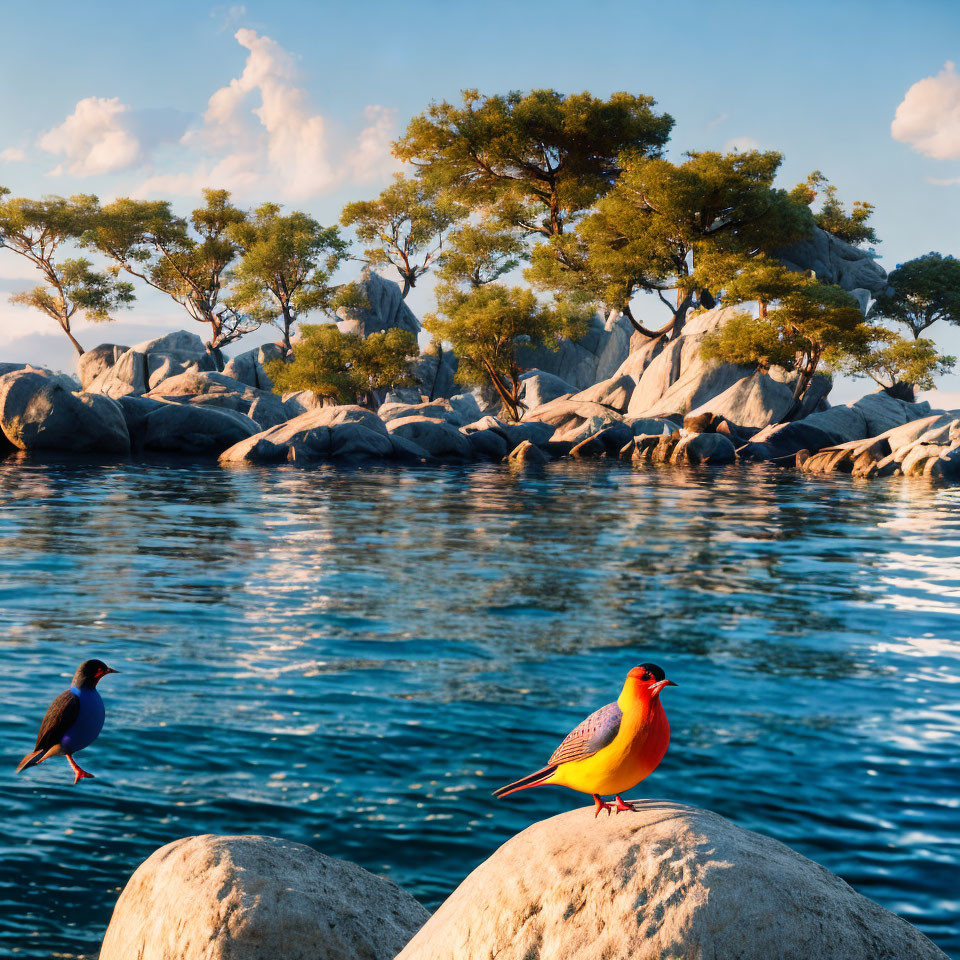 Colorful Bird Perched on Stone Near Tranquil Waters