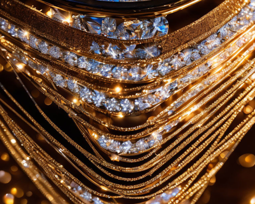 Luxurious chandelier with multiple tiers of crystal lights and golden accents