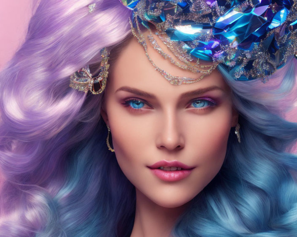 Vibrant blue and purple wavy hair with crystal headdress and forehead jewelry