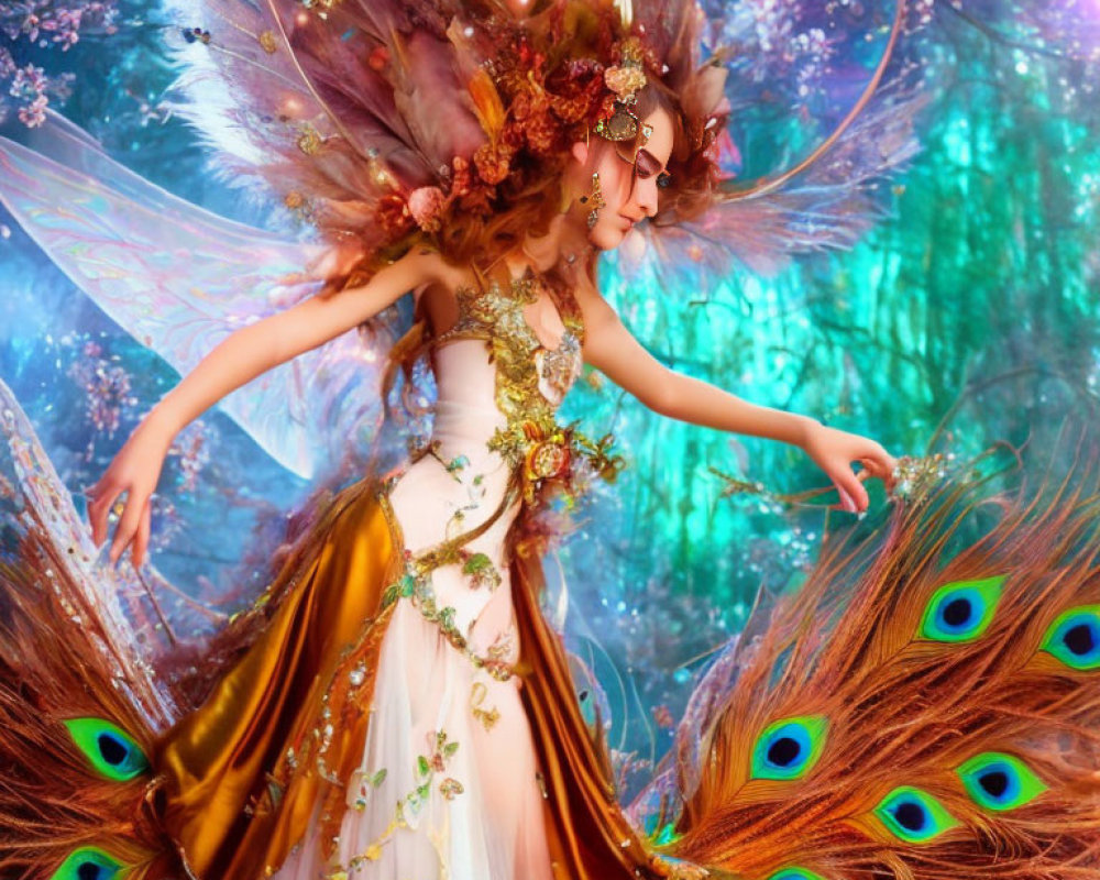 Elaborate Peacock-Themed Fantasy Figure in Ethereal Forest