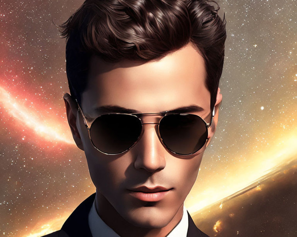 Digital portrait: man in suit with sunglasses on cosmic background