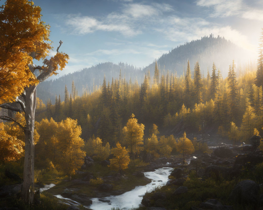 Golden foliage forest with stream and sunbeams in misty autumn scenery