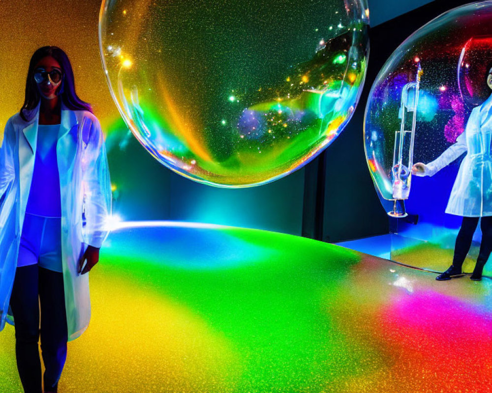 Person surrounded by colorful lights and floating bubbles in whimsical space