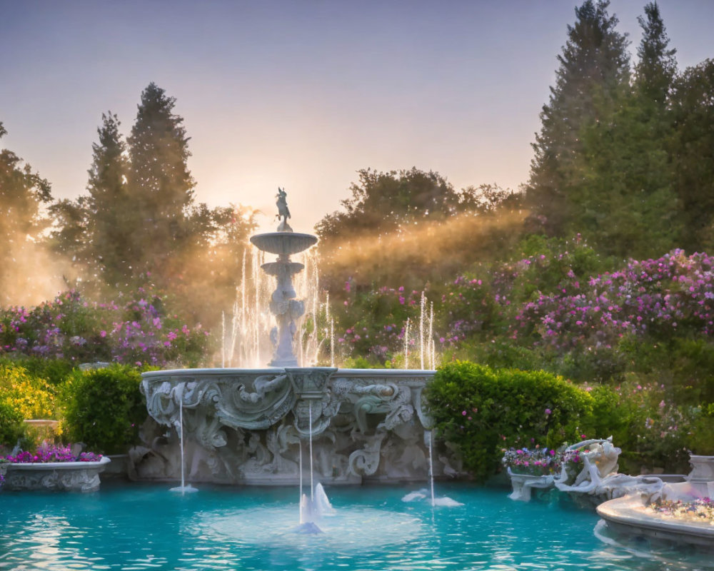 Ornate Fountain with Statues in Misty Garden at Dusk