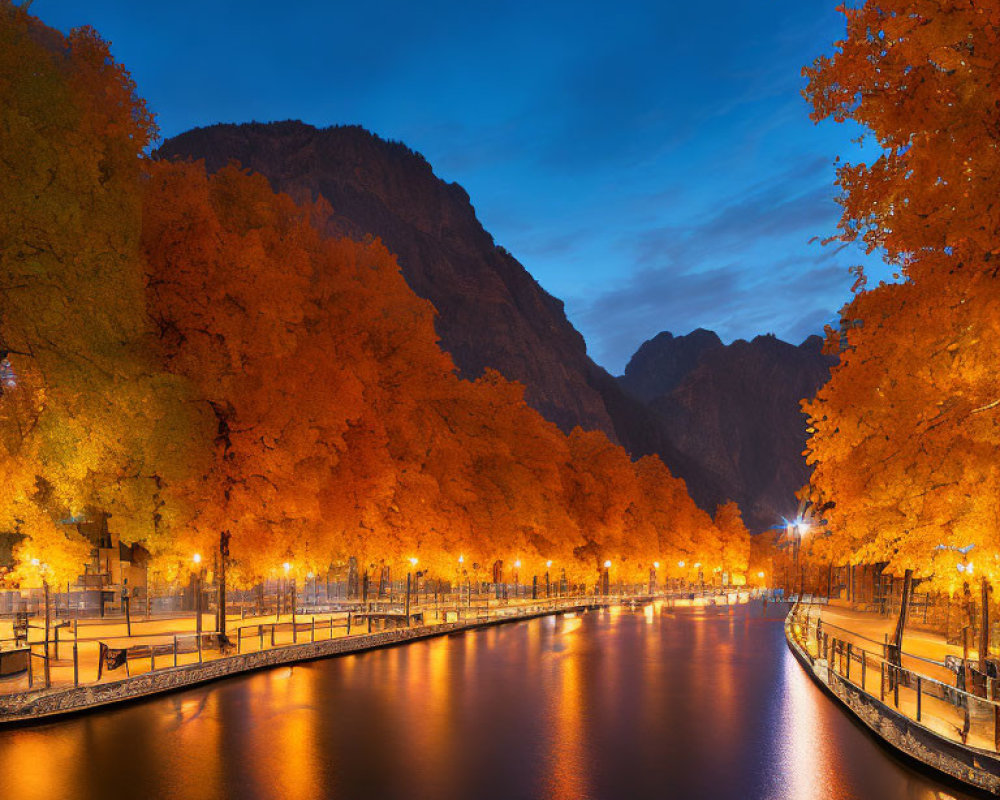 Tranquil river at twilight with autumn trees and mountain backdrop