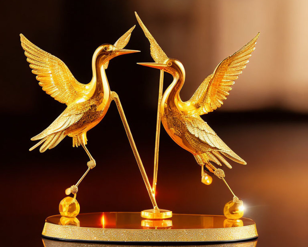 Golden statue of two cranes facing each other on reflective surface