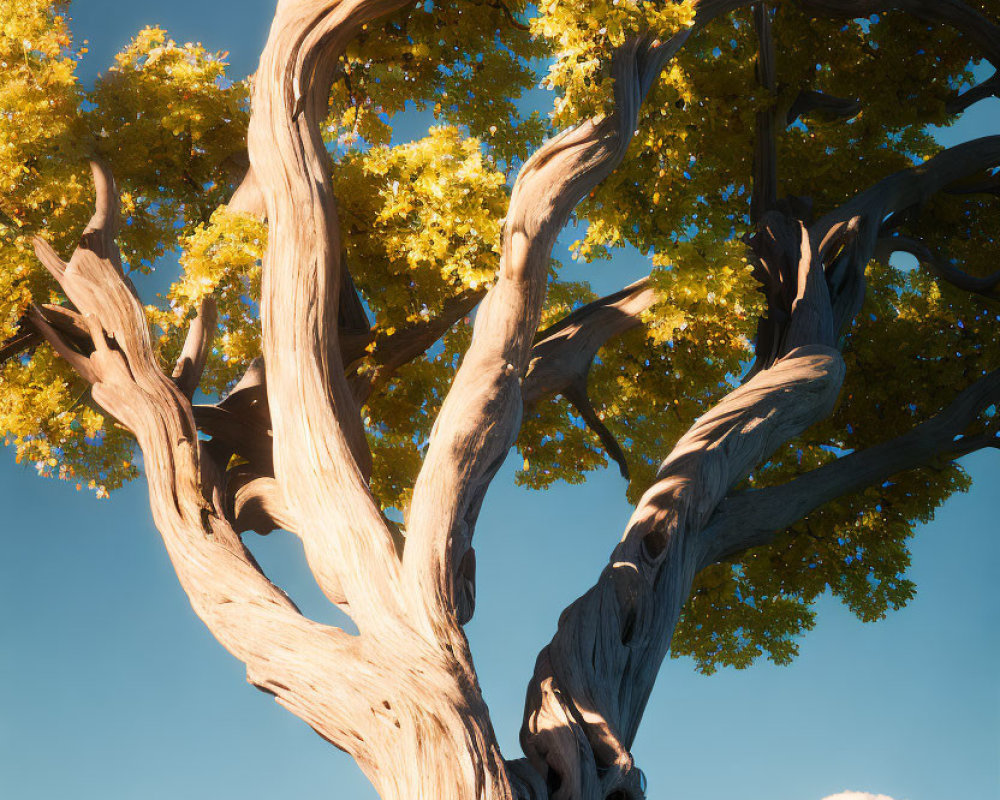 Gnarled tree with yellow leaves against blue sky and mountain view