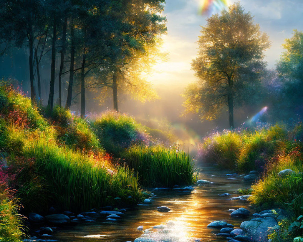 Tranquil stream surrounded by lush trees and misty sunlight