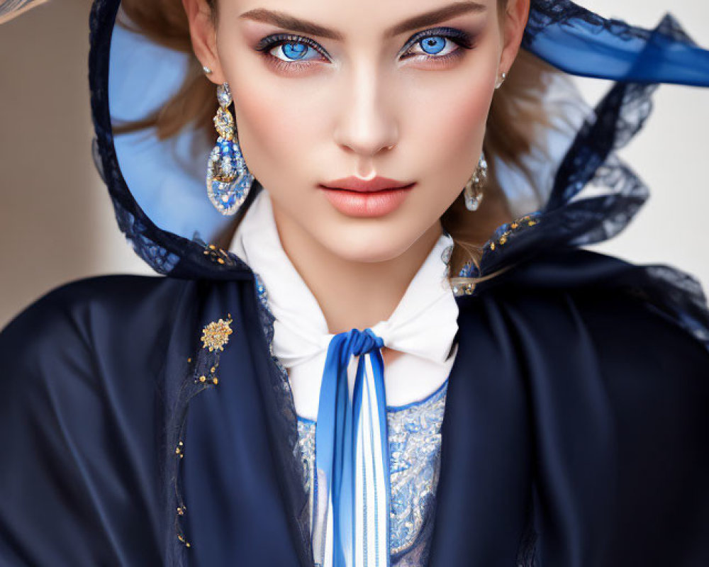 Woman in Blue and White Outfit with Striking Blue Eyes and Gold Details